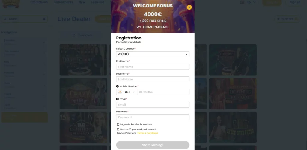 Spins Haven registration form